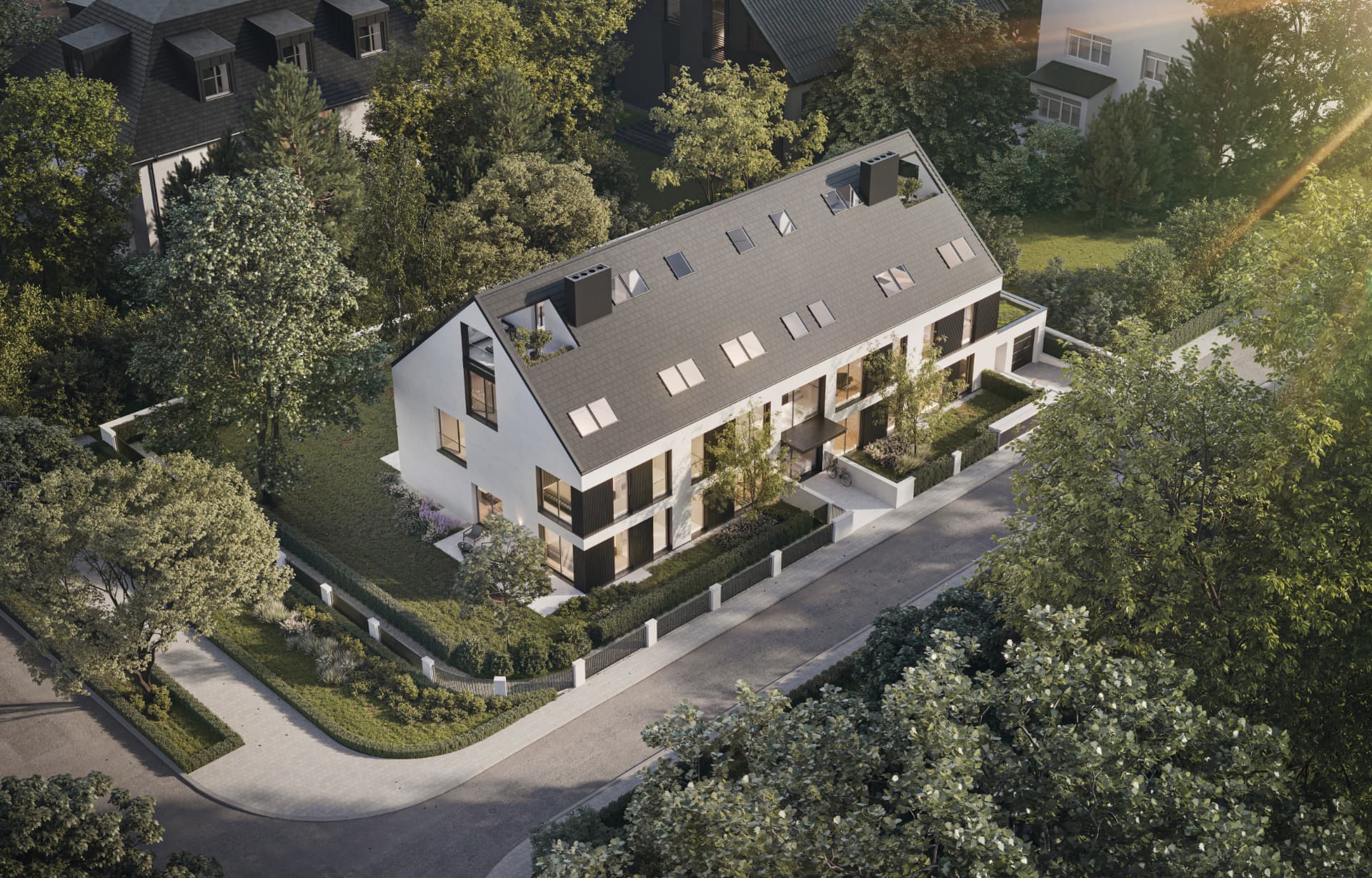 Formhaus — aerial view of the building in its garden setting